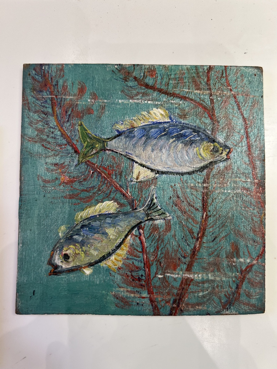 Jean René SOURGEN Les poissons.Série de 6 petites Huiles/panneau 12 x 12cm-photo-3