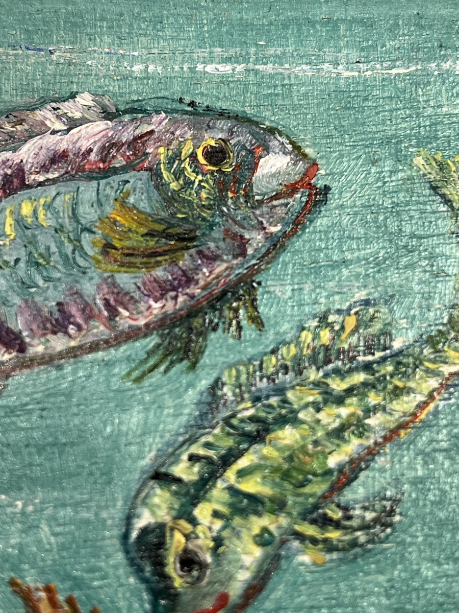 Jean René SOURGEN Les poissons.Série de 6 petites Huiles/panneau 12 x 12cm-photo-4