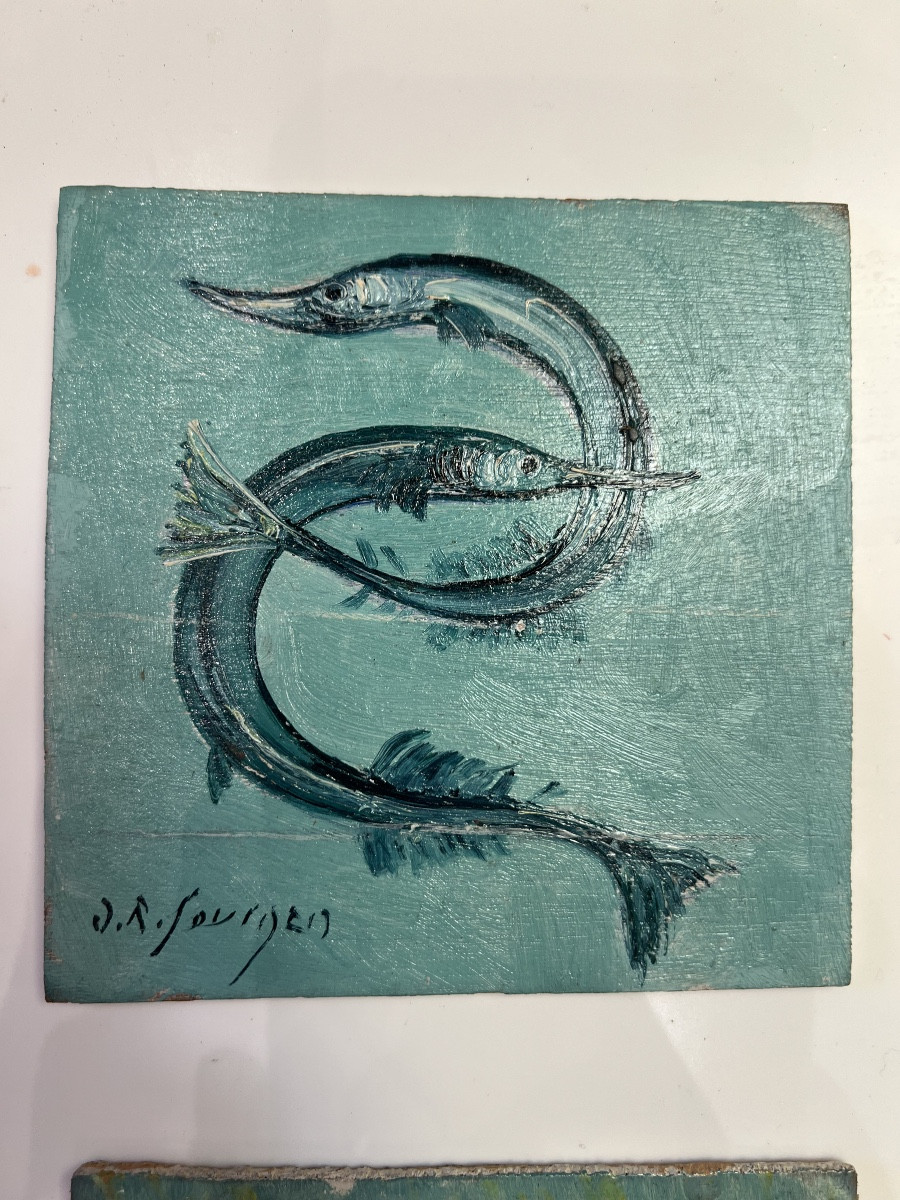 Jean René SOURGEN Les poissons.Série de 6 petites Huiles/panneau 12 x 12cm-photo-5
