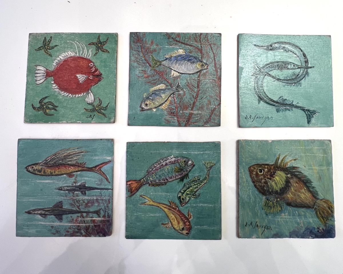 Jean René SOURGEN Les poissons.Série de 6 petites Huiles/panneau 12 x 12cm