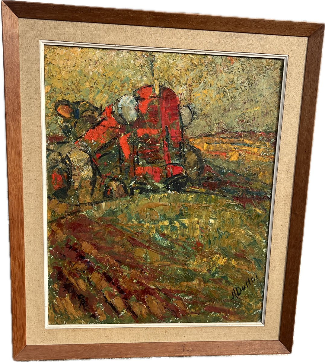 The Red Tractor. Oil On Canvas 73 X 60cm Signed Lower Right Framed-photo-2