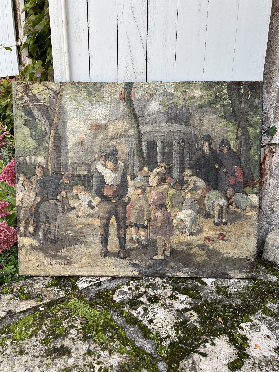 Children In The Parc Monceau. Hst Circa 1940. Signed Gilles. 81.5 X 65cm-photo-3