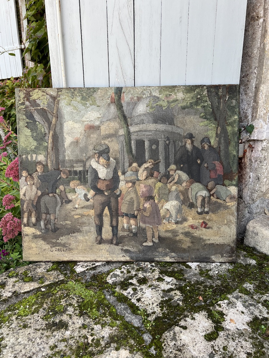 Children In The Parc Monceau. Hst Circa 1940. Signed Gilles. 81.5 X 65cm-photo-6