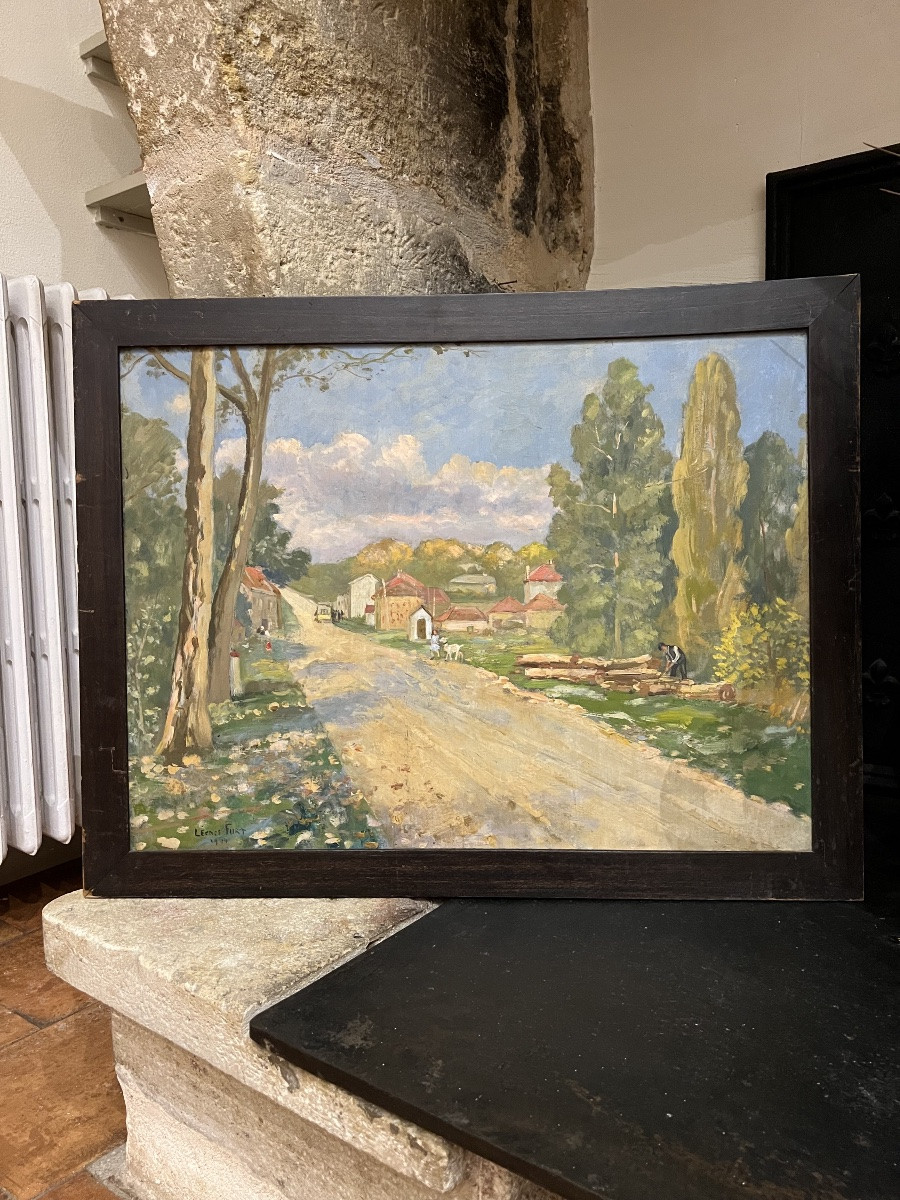 PIERRE LÉONCE FURT. RUE DE VILLAGE ANIMÉE 1944. HUILE SUR PANNEAU-photo-1