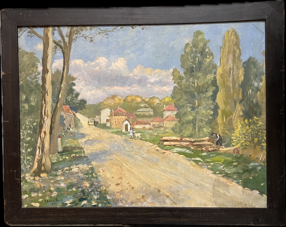 PIERRE LÉONCE FURT. RUE DE VILLAGE ANIMÉE 1944. HUILE SUR PANNEAU
