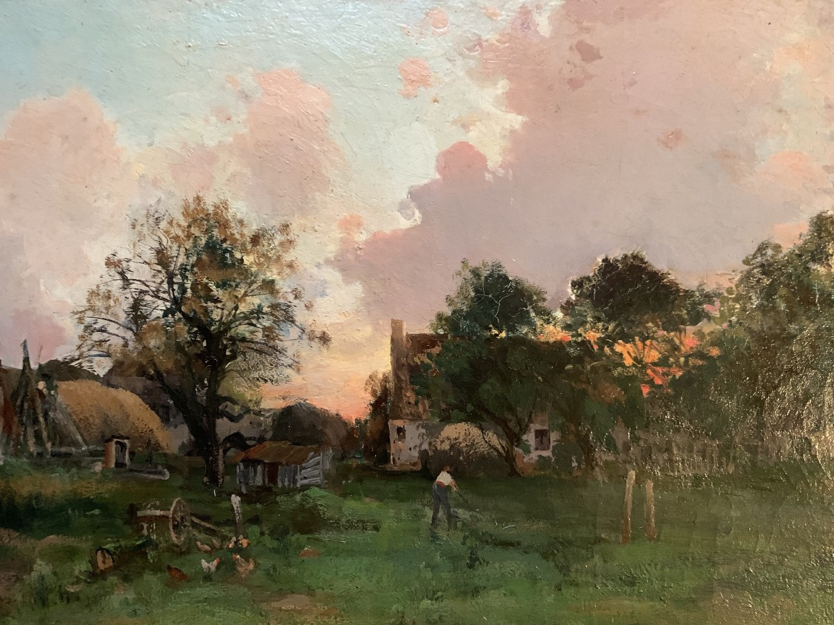 JMG Anglade fin XIXè. Lever de soleil à la campagne XIXè. HST 61 x 46 cm