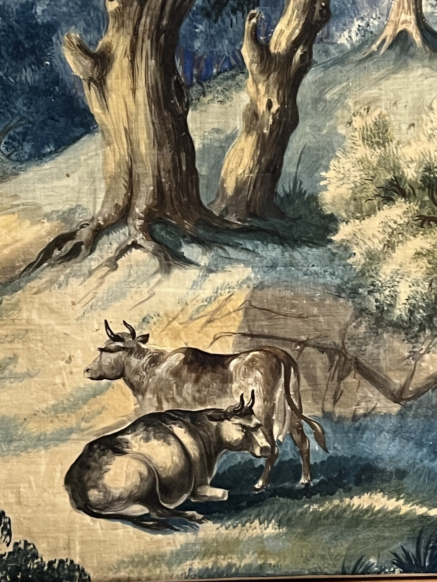 Cows. Antique Gouache On Fine Canvas – Study For A Garden Scene Or Tapestry. 92 × 81.5 Cm-photo-2