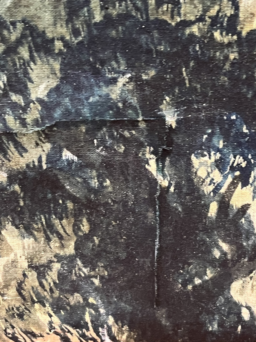 Cows. Antique Gouache On Fine Canvas – Study For A Garden Scene Or Tapestry. 92 × 81.5 Cm-photo-3