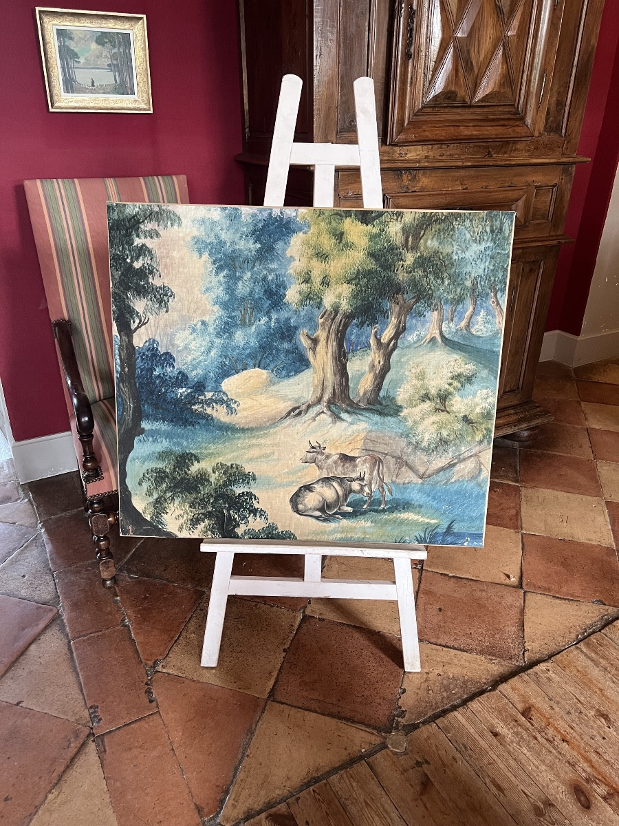 Cows. Antique Gouache On Fine Canvas – Study For A Garden Scene Or Tapestry. 92 × 81.5 Cm-photo-4