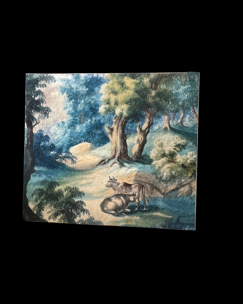 Cows. Antique Gouache On Fine Canvas – Study For A Garden Scene Or Tapestry. 92 × 81.5 Cm