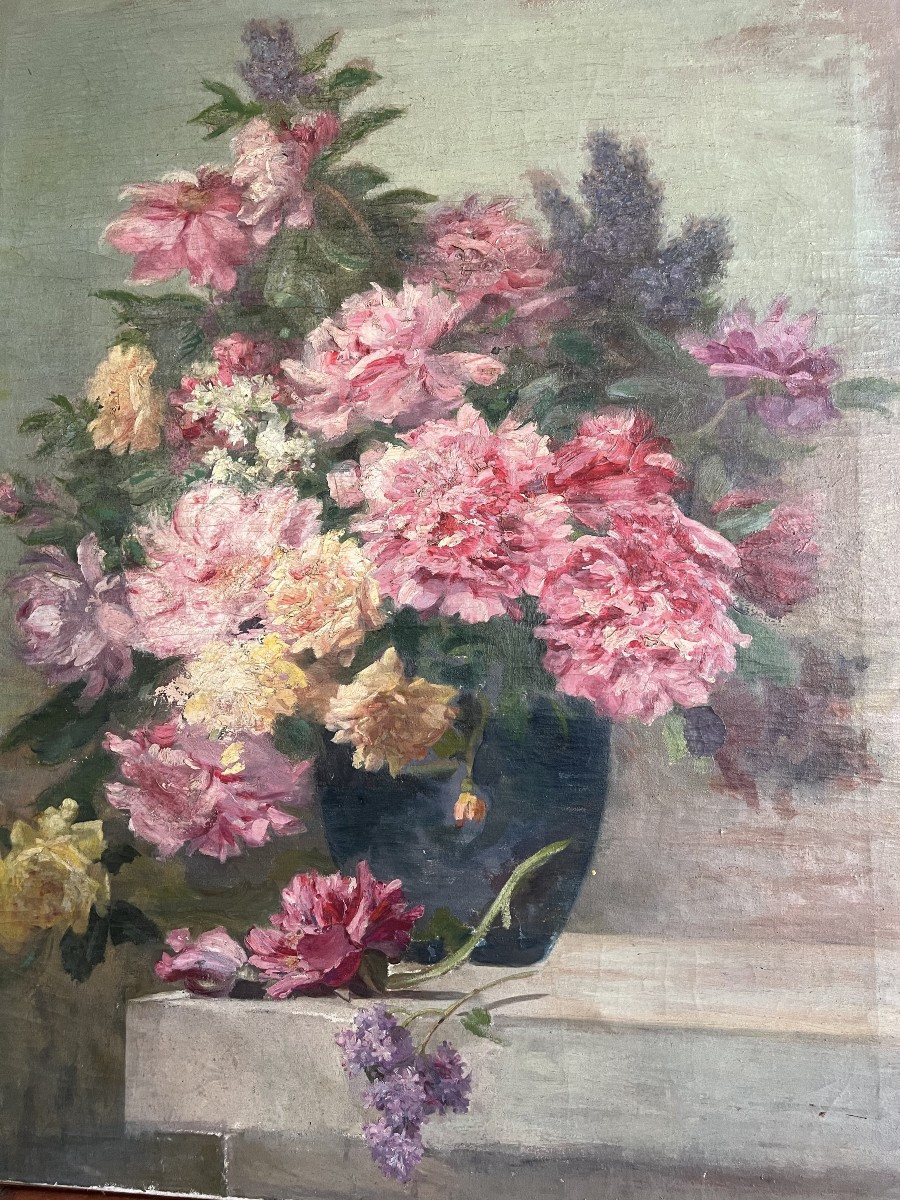 Grand bouquet de pivoines et lilas. Huile sur toile 109 x 84cm-photo-2