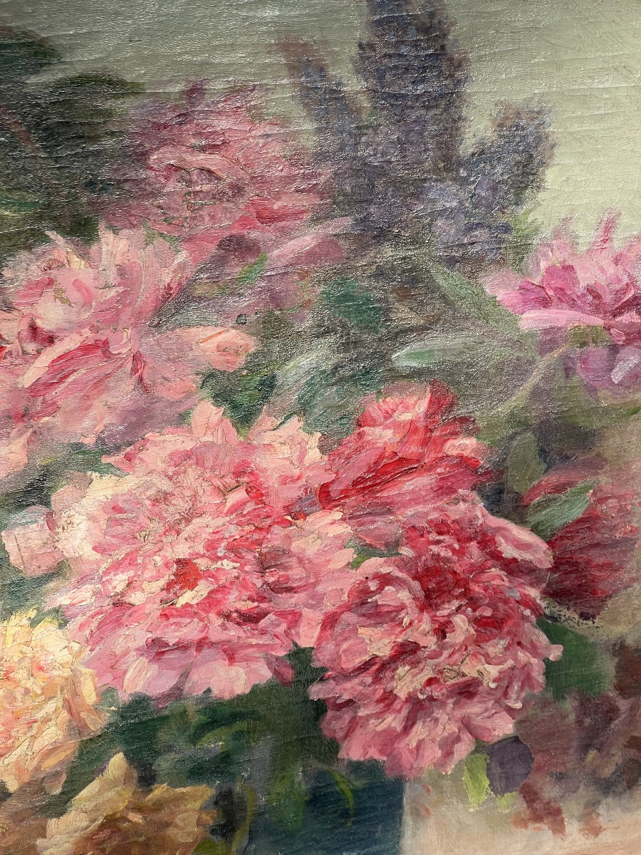 Grand bouquet de pivoines et lilas. Huile sur toile 109 x 84cm-photo-3
