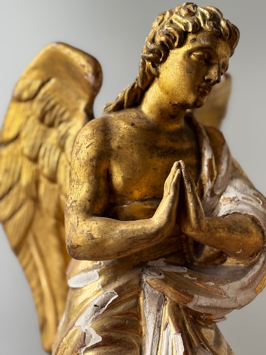 Pair Of Adoring Angels. Gilt Wood. 18th Century. Height: 31 Cm.-photo-2
