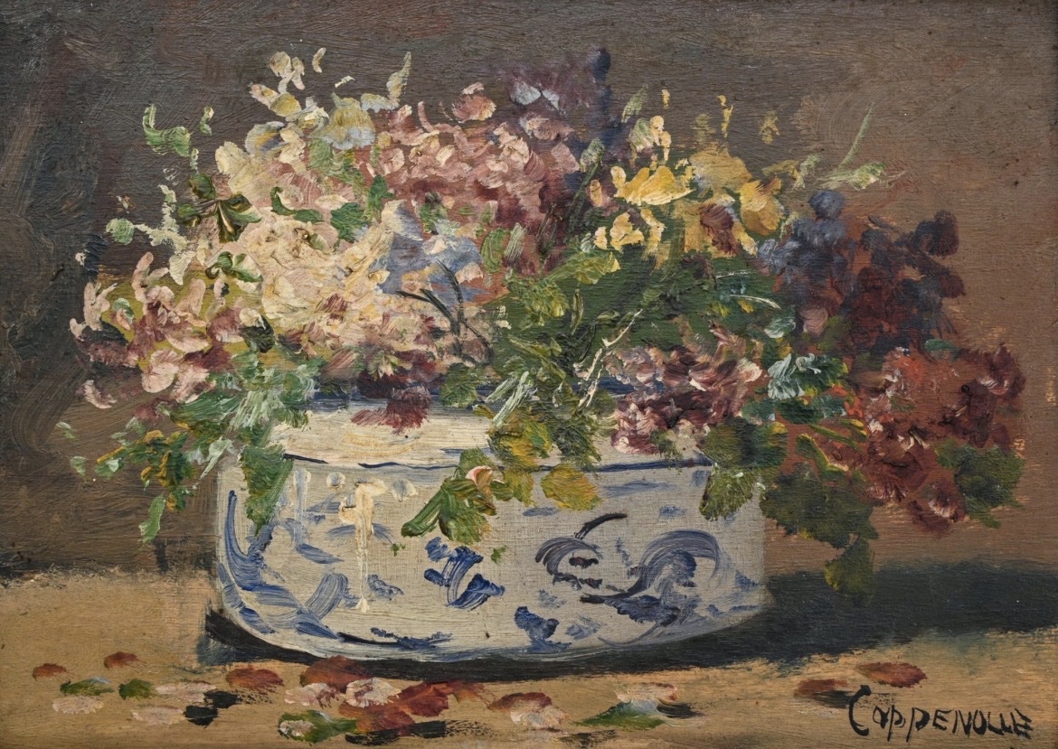 Edmont Van Coppenolle. The Bouquet. Oil On Panel, 15.5 X 22 Cm (31 X 37 Cm With Frame).-photo-3