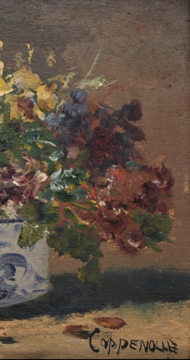 Edmont Van Coppenolle. The Bouquet. Oil On Panel, 15.5 X 22 Cm (31 X 37 Cm With Frame).-photo-2