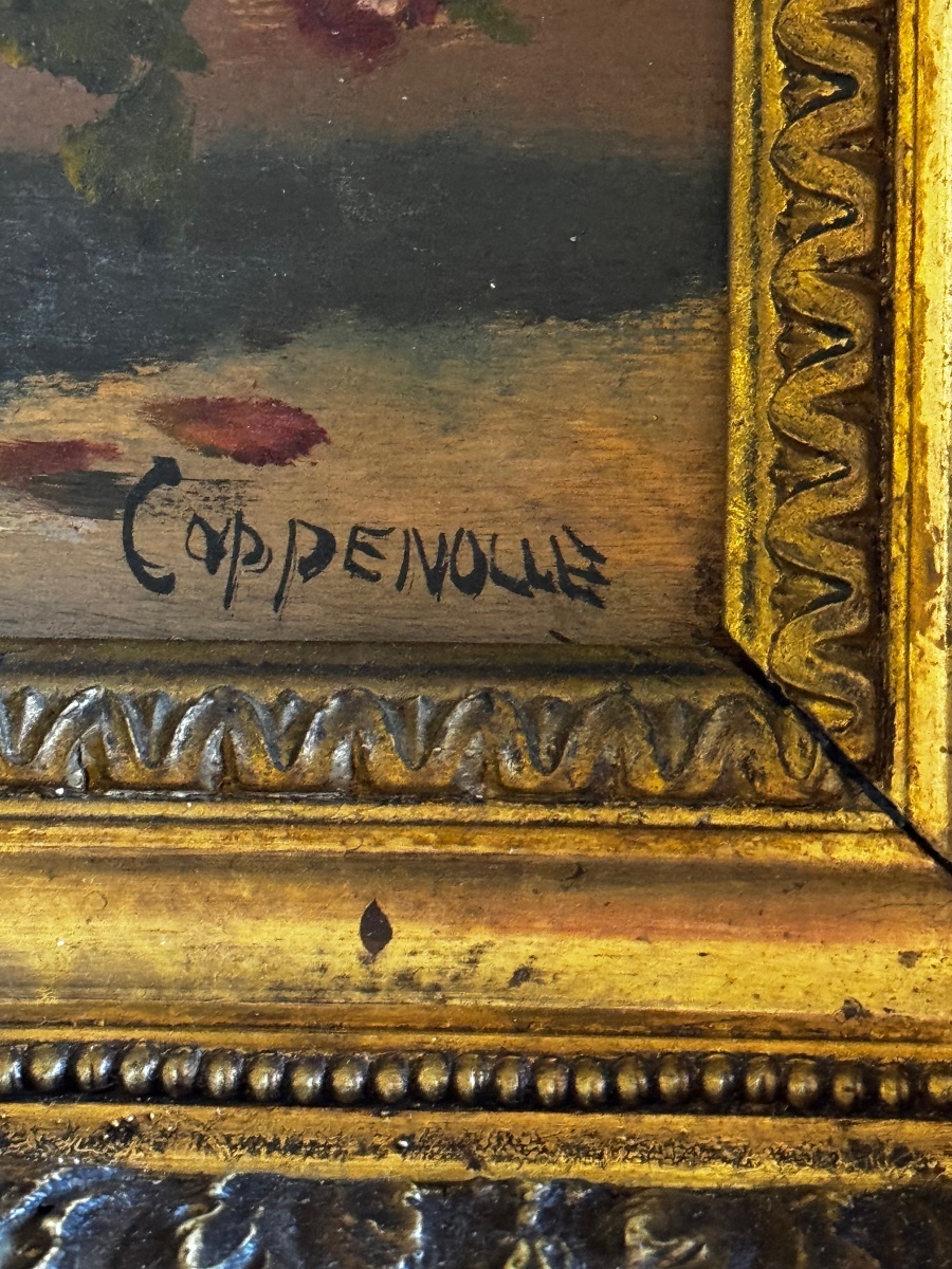 Edmont Van Coppenolle. The Bouquet. Oil On Panel, 15.5 X 22 Cm (31 X 37 Cm With Frame).-photo-1