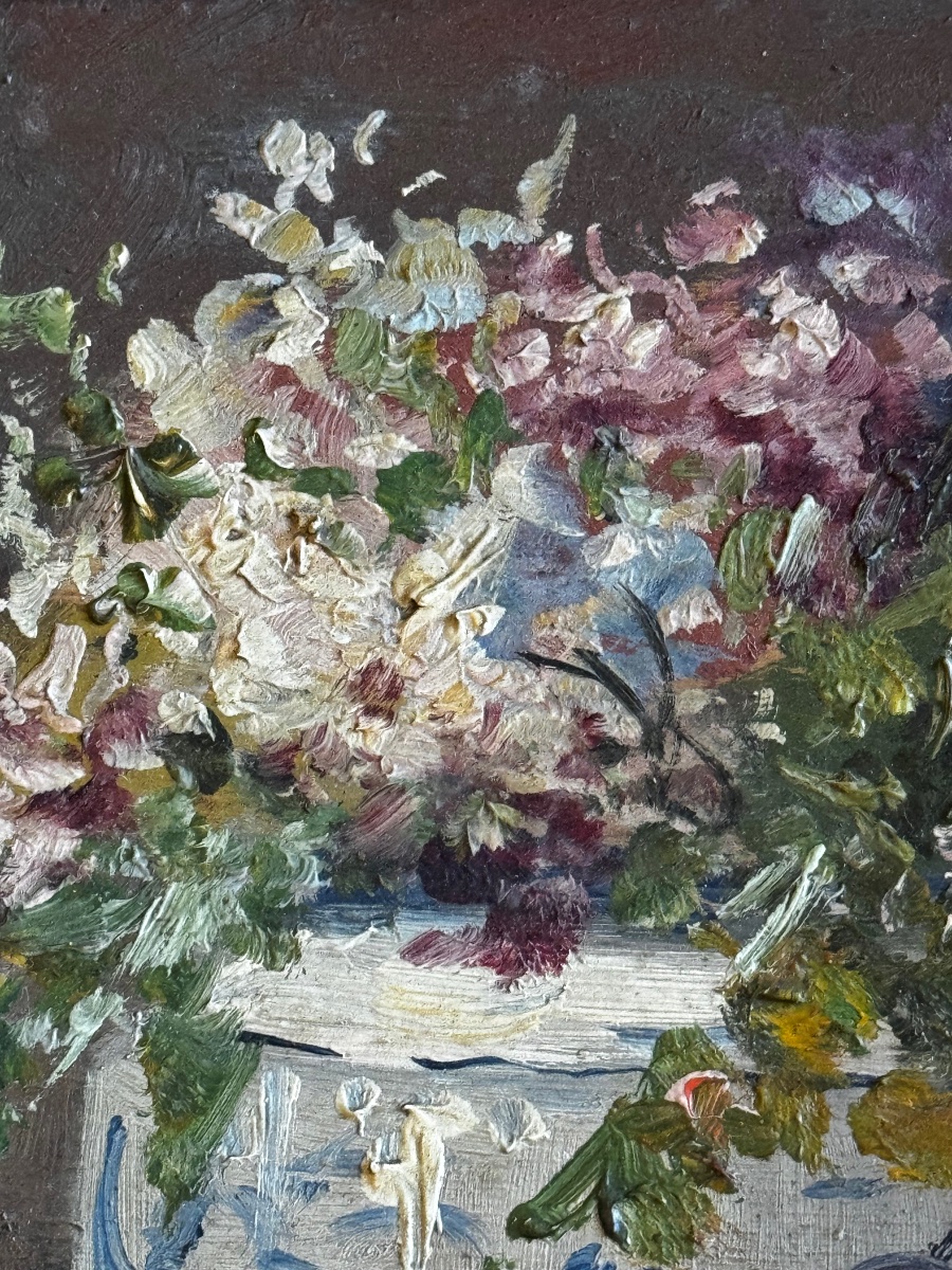 Edmont Van Coppenolle. The Bouquet. Oil On Panel, 15.5 X 22 Cm (31 X 37 Cm With Frame).-photo-2