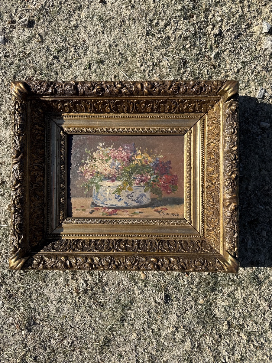 Edmont Van Coppenolle. The Bouquet. Oil On Panel, 15.5 X 22 Cm (31 X 37 Cm With Frame).-photo-4