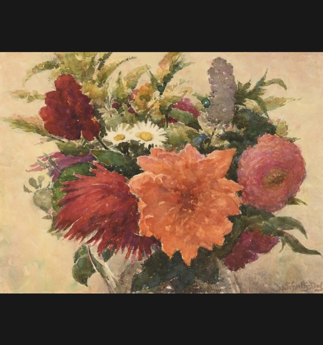 Jacques Schultz - Dal. 1894–1964 Bouquet Of Flowers Watercolor-photo-3