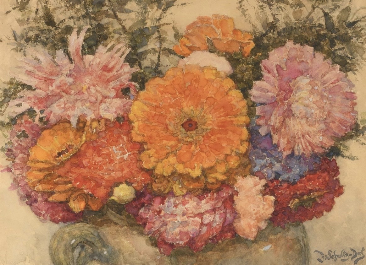 Jacques Schultz - Dal. 1894–1964 Bouquet Of Flowers Watercolor