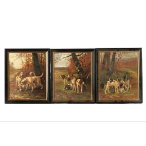 E. M Sanson Set Of Three Paintings Representing Hunting Dogs, Oil On Panel