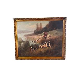 Eugène Petit. Hunting Scene. Large Oil On Canvas, 19th Century