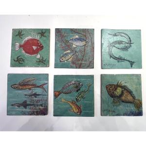 Jean René SOURGEN Les poissons.Série de 6 petites Huiles/panneau 12 x 12cm