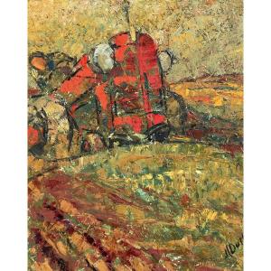 Le tracteur rouge. Huile sur toile 73 X 60cm  Signé en bas à droite Encadré