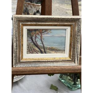 Jean René SOURGEN Les pins en bord de mer. Huile sur panneau. 10 x 15.5cm.