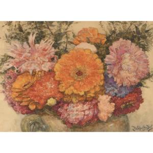Jacques Schultz - Dal. 1894–1964 Bouquet Of Flowers Watercolor