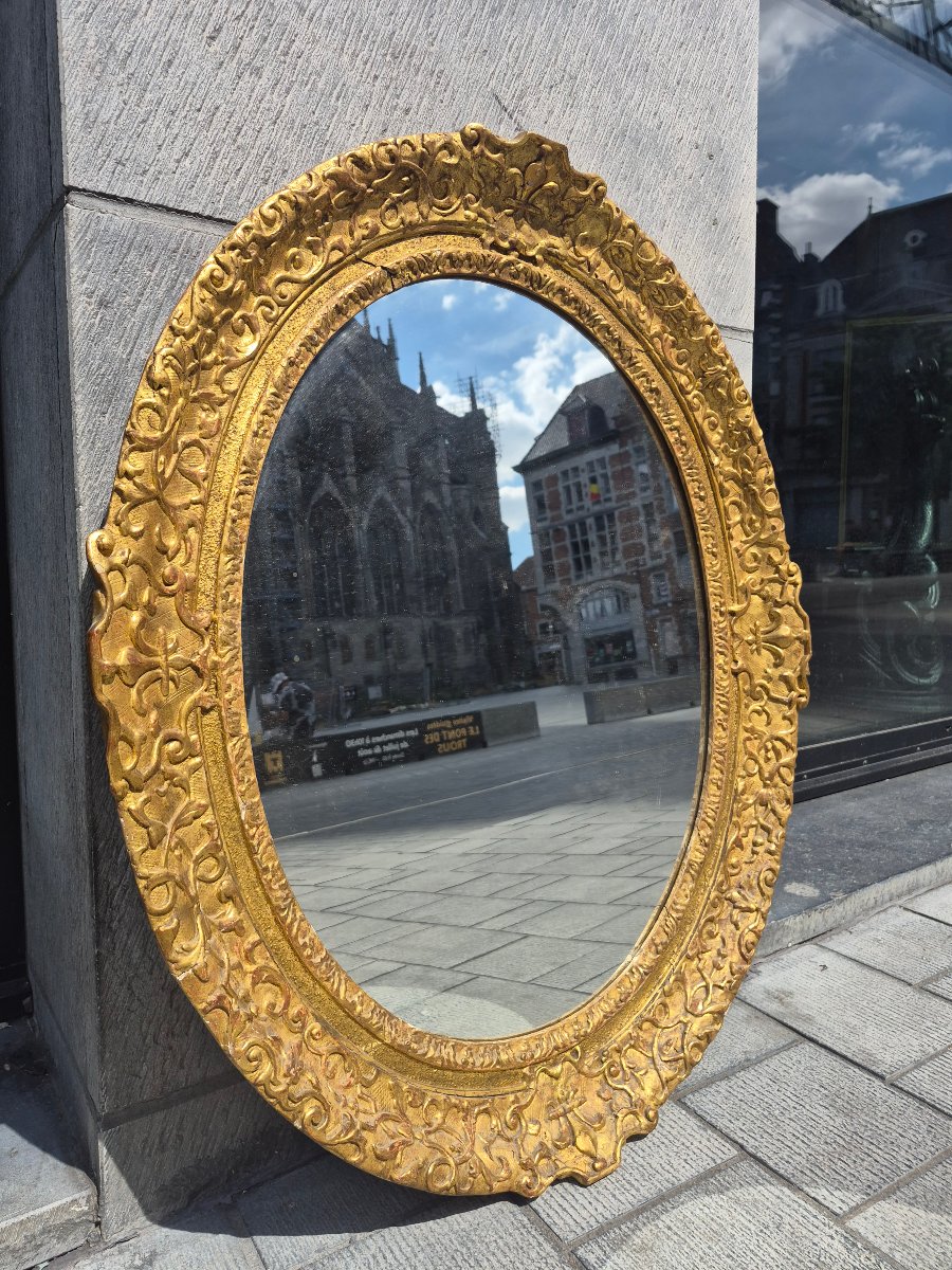 Oval Gilded Wood Mirror, 18th Century.-photo-3
