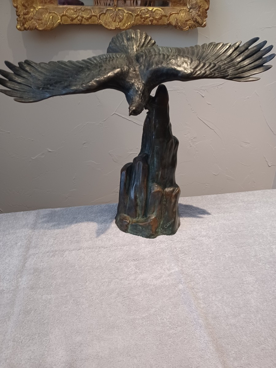 Bronze Sculpture By Louis Albert Carvin "eagle Taking Flight From The Mountain"
