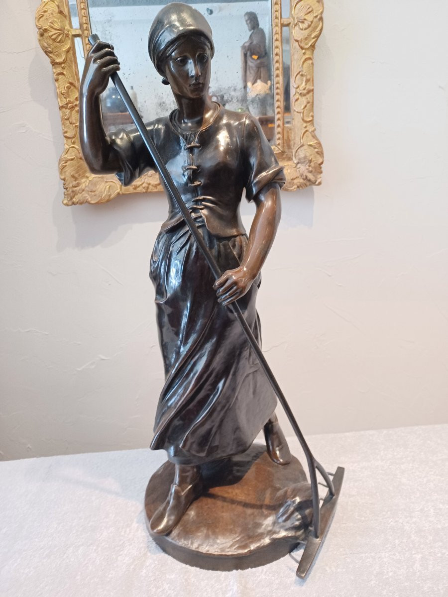 Sculpture bronze Albert LEFEUVRE ( 1845-1924) " Jeune paysanne au ratau"-photo-2