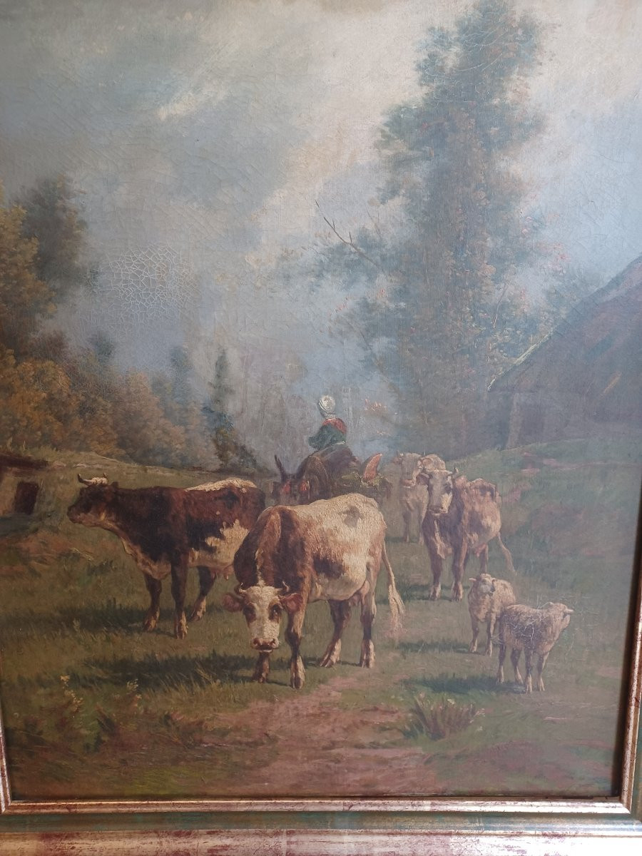 Oil On Canvas, Peasant Scene With Cows-photo-2