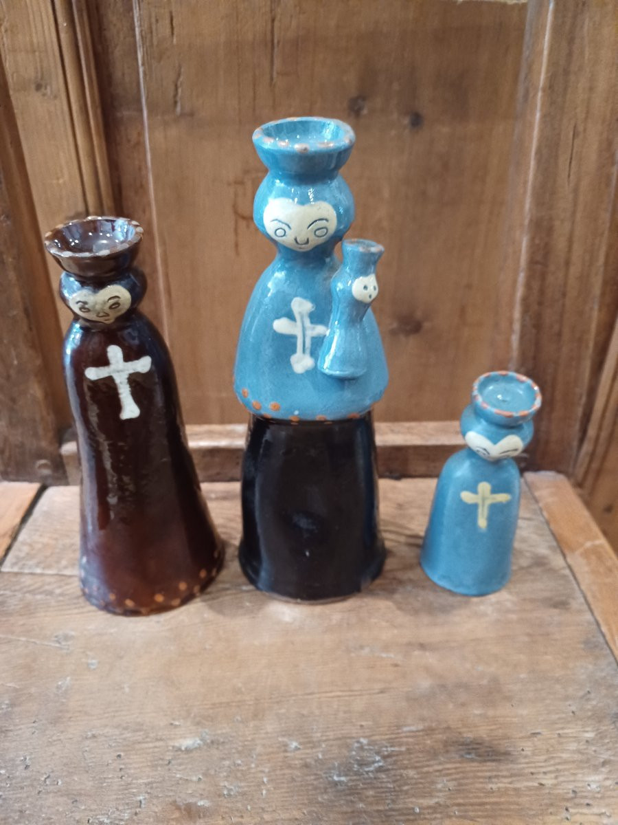 Lot Of 3 Glazed Earthenware Statuettes, Haute-savoie Marnaz 20th Century-photo-2