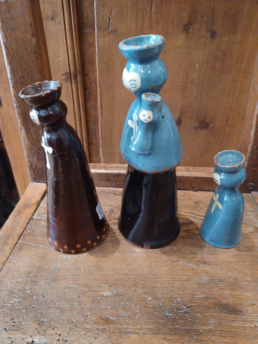 Lot Of 3 Glazed Earthenware Statuettes, Haute-savoie Marnaz 20th Century-photo-3