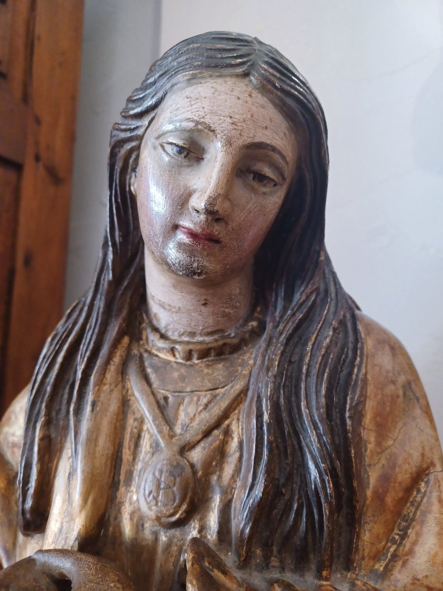 Large Gilded Wooden Statue Of The Virgin Mary, Late 18th And Early 19th Century-photo-2