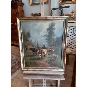 Huile sur toile , scène paysanne avec vaches