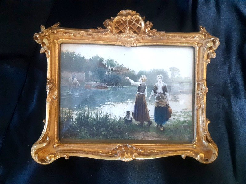 Lovely Small Frames In Golden Wood Art Nouveau Frame For Miniature With Lithography By Ridgway Knight-photo-2