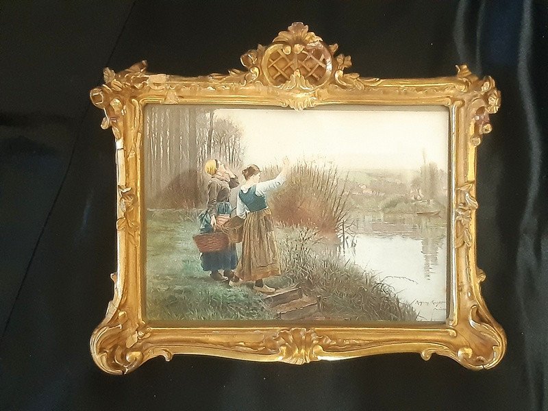 Ravissants Petits Cadres En Bois Doré Art Nouveau Cadre Pour Miniature Avec Lithographie De Ridgway Knight-photo-4