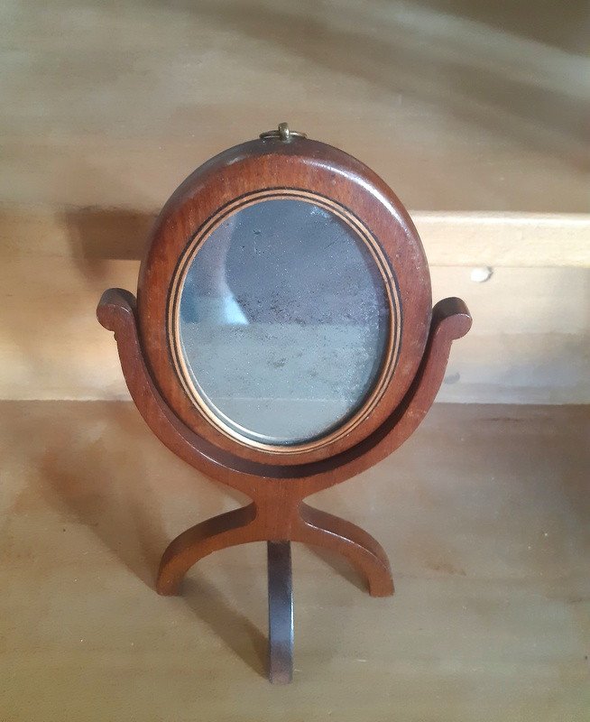 Ravissant Miroir Ovale de toilette Psyché De Table En Acajou Glace Au Mercure XIXème Siècle-photo-4