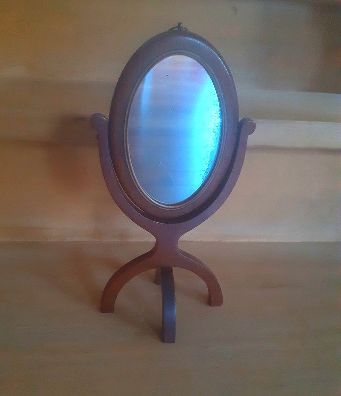 Ravissant Miroir Ovale de toilette Psyché De Table En Acajou Glace Au Mercure XIXème Siècle-photo-6