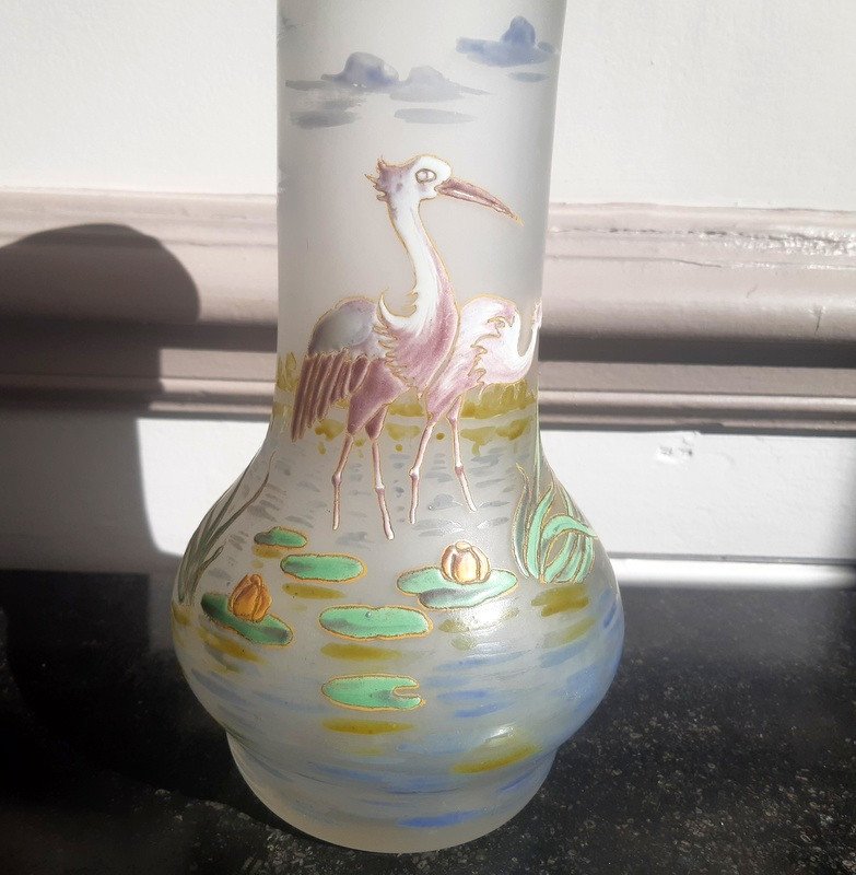 Legras Enameled Glass Vase With Aquatic Decor Art Nouveau Period Circa 1900-photo-2