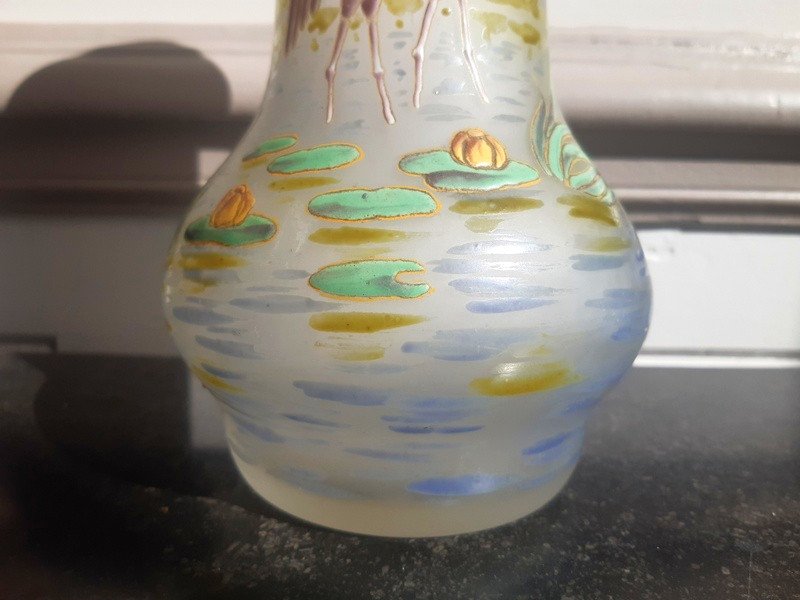 Legras Enameled Glass Vase With Aquatic Decor Art Nouveau Period Circa 1900-photo-3