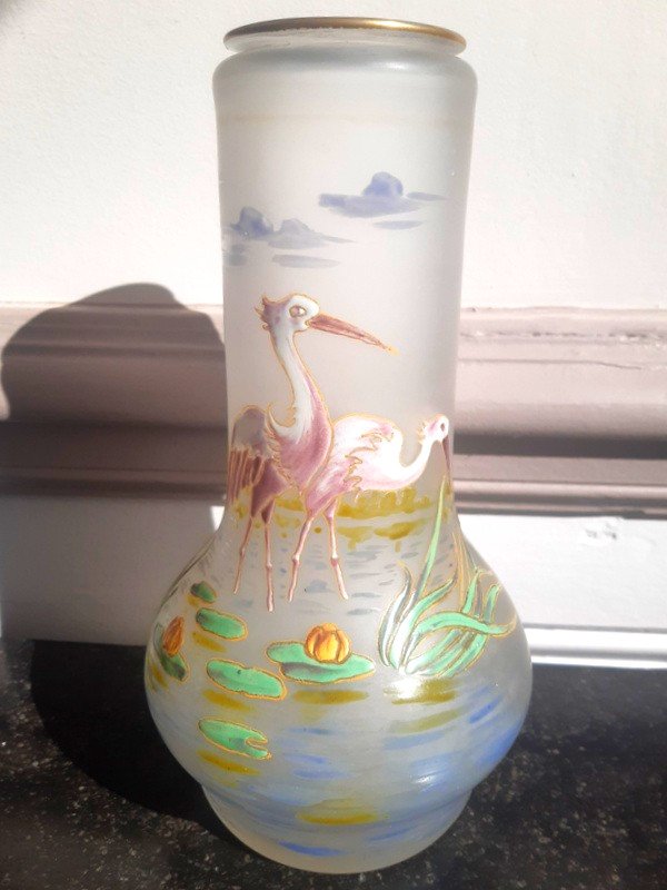 Legras Enameled Glass Vase With Aquatic Decor Art Nouveau Period Circa 1900