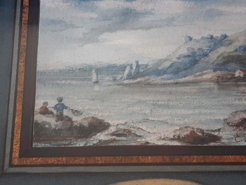 Eugène Cicéri (1813-1890) Ravissant Paysage Maritime Animé à l'Aquarelle-photo-1