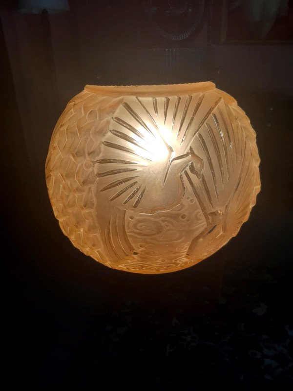 Important plafonnier suspension Art déco " boule aux paons " Muller Frères Lunéville monture fer forgé 1930 -photo-3