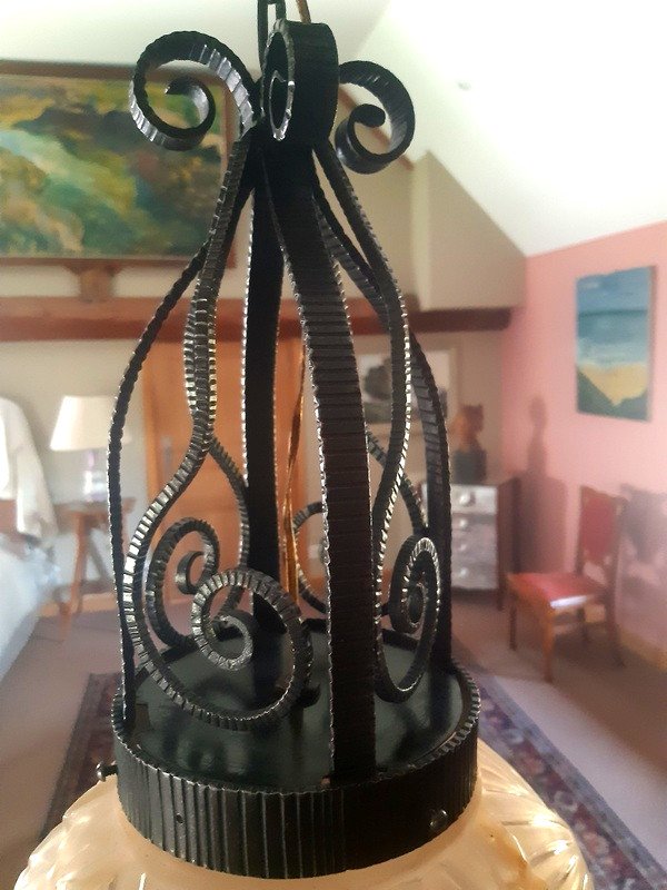 Important plafonnier suspension Art déco " boule aux paons " Muller Frères Lunéville monture fer forgé 1930 -photo-4