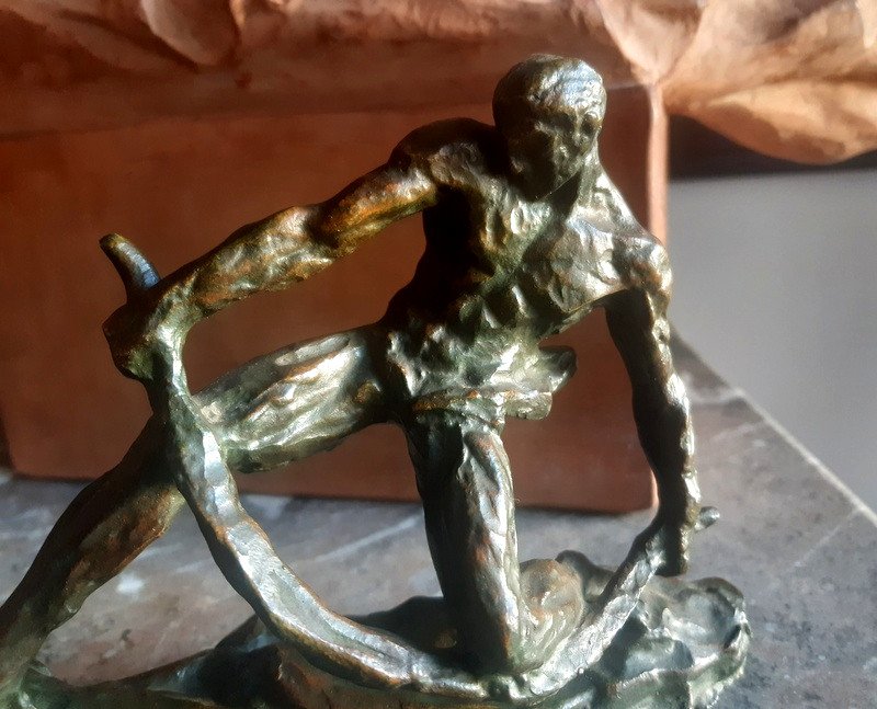 Pierre Le Faguays (1892-1962) Sculpture En Bronze d'époque Art Déco Vers 1930 Homme En Train De bander un arc-photo-3