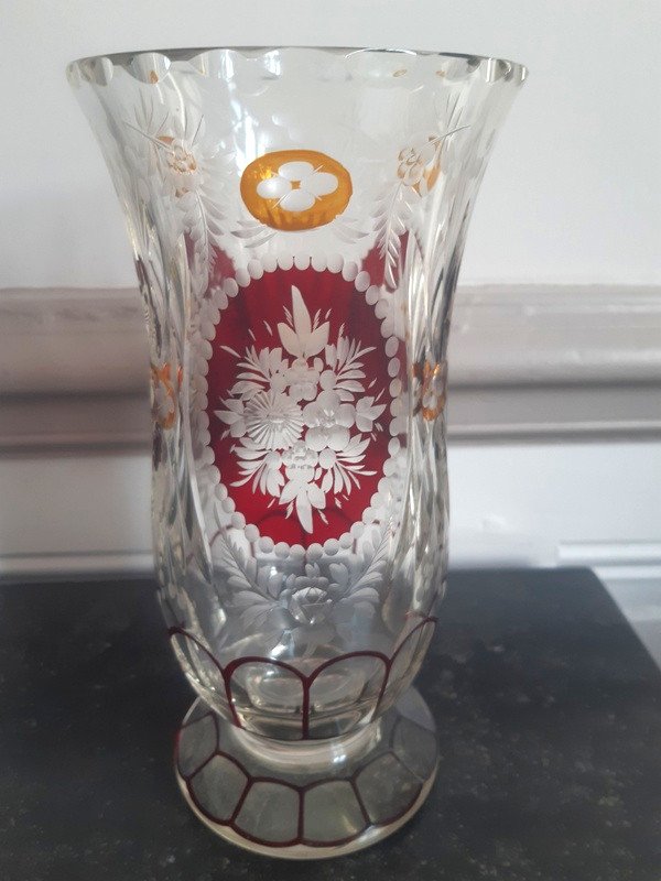 Vase En Cristal De Bohême Sur Piedouche Taillé Et Gravé Dans Le Goût De Moser-photo-4